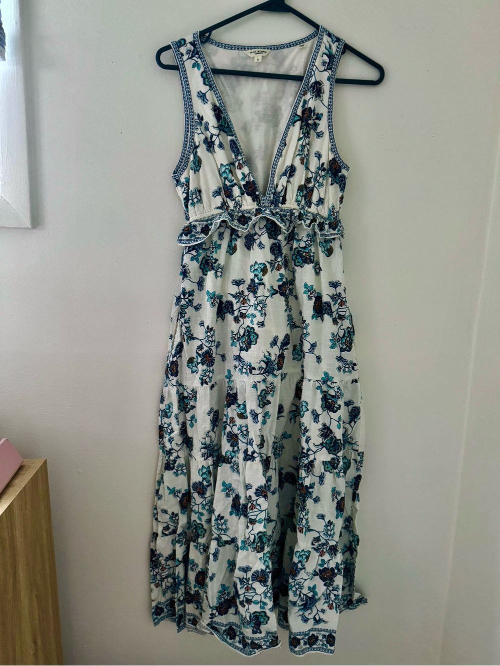 Max Studio White Maxi Dress with Blue & Teal Floral Print